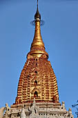 Ananda temple Bagan, Myanmar. Above the roof it rises a sikhara with niches on each face containing Buddha images.